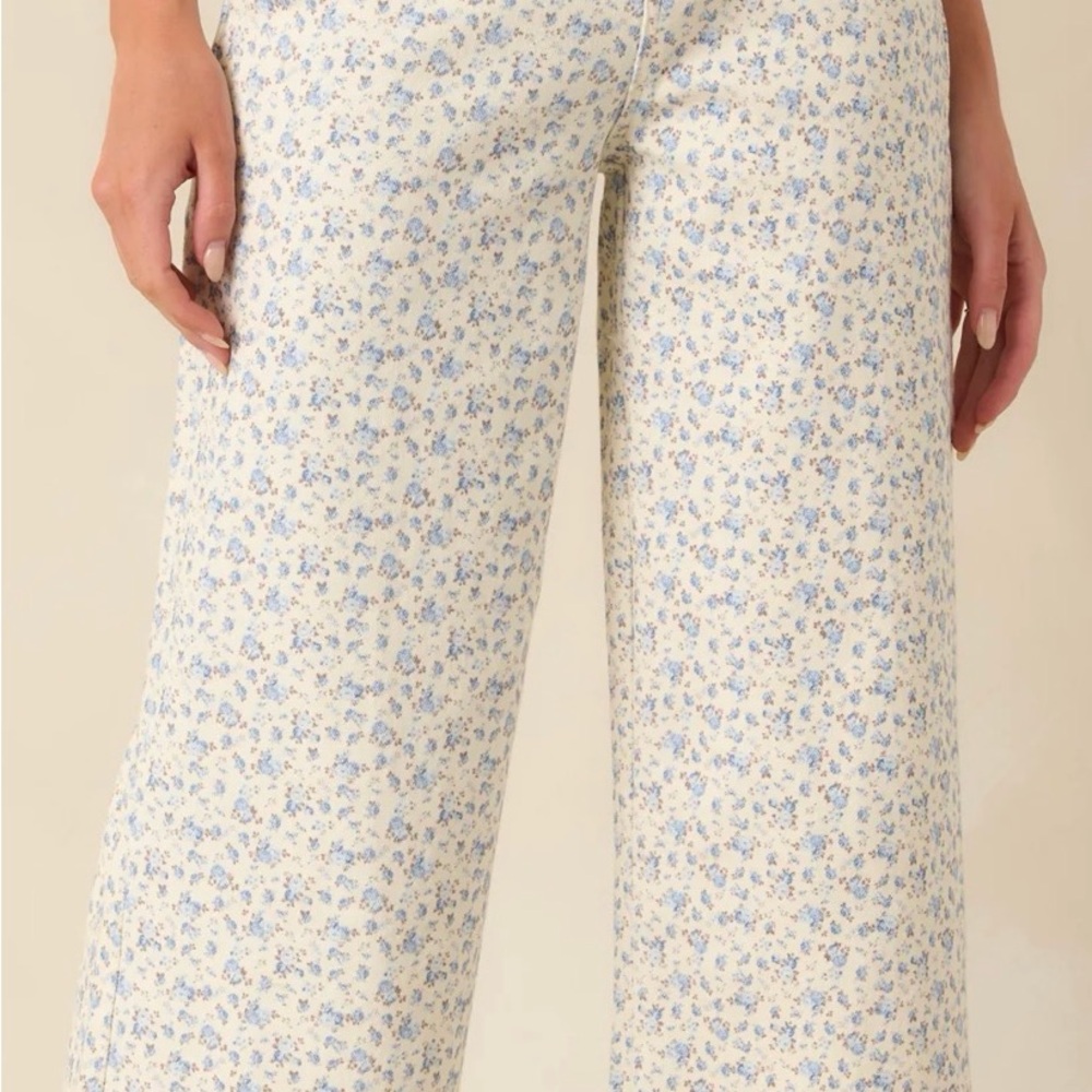 Blue Floral Denim Wide-Leg Ankle Pants